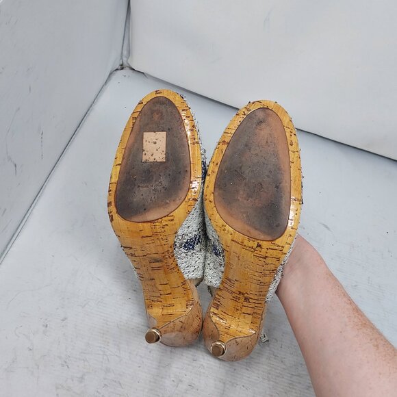 CHANEL Tweed Interlocking CC Logo Blue White Slingback Pump - Picture 2 of 13